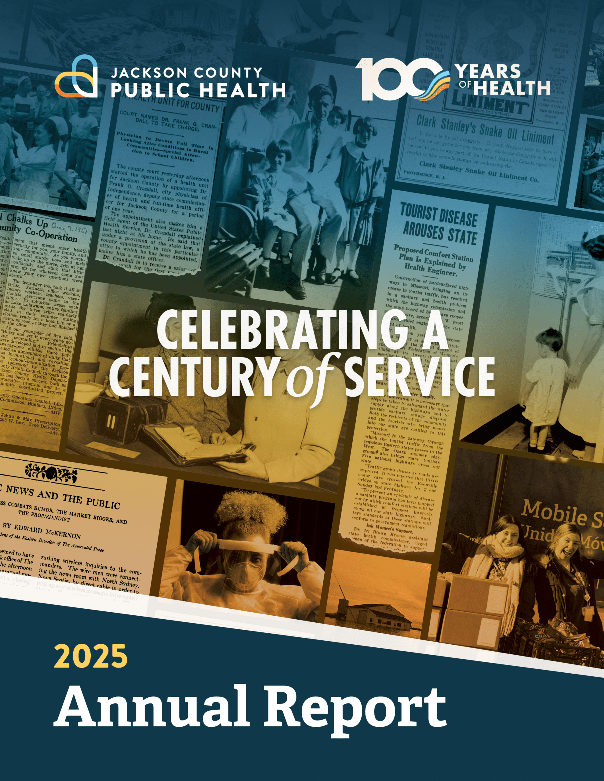 JCPH's 2025 Annual Report cover. It reads "Celebrating a Century of Service" over a variety of historical photos.