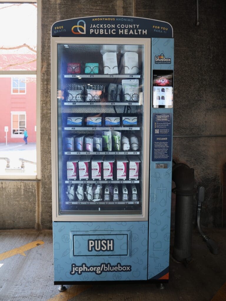 Bluebox vending machine that offers free health goods to community members.