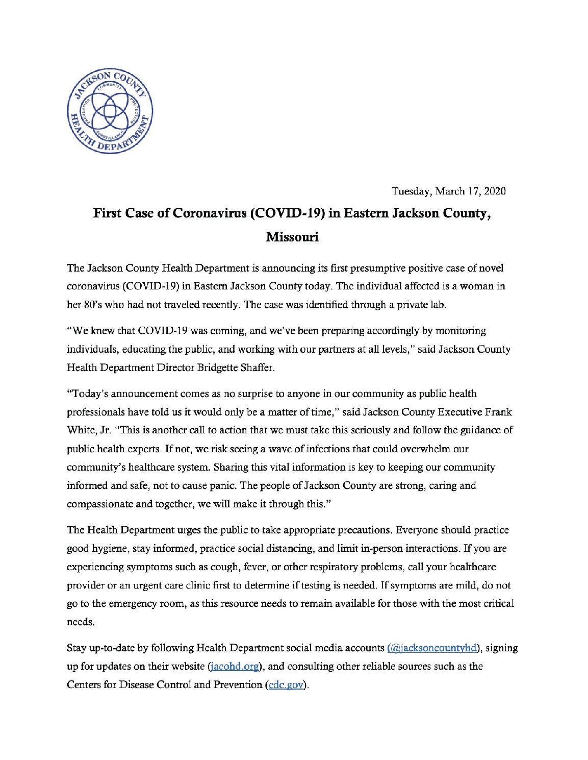First Case of Coronavirus in Eastern Jackson County