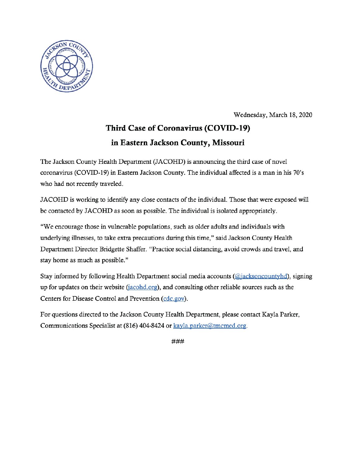 Third Case of Coronavirus in Eastern Jackson County
